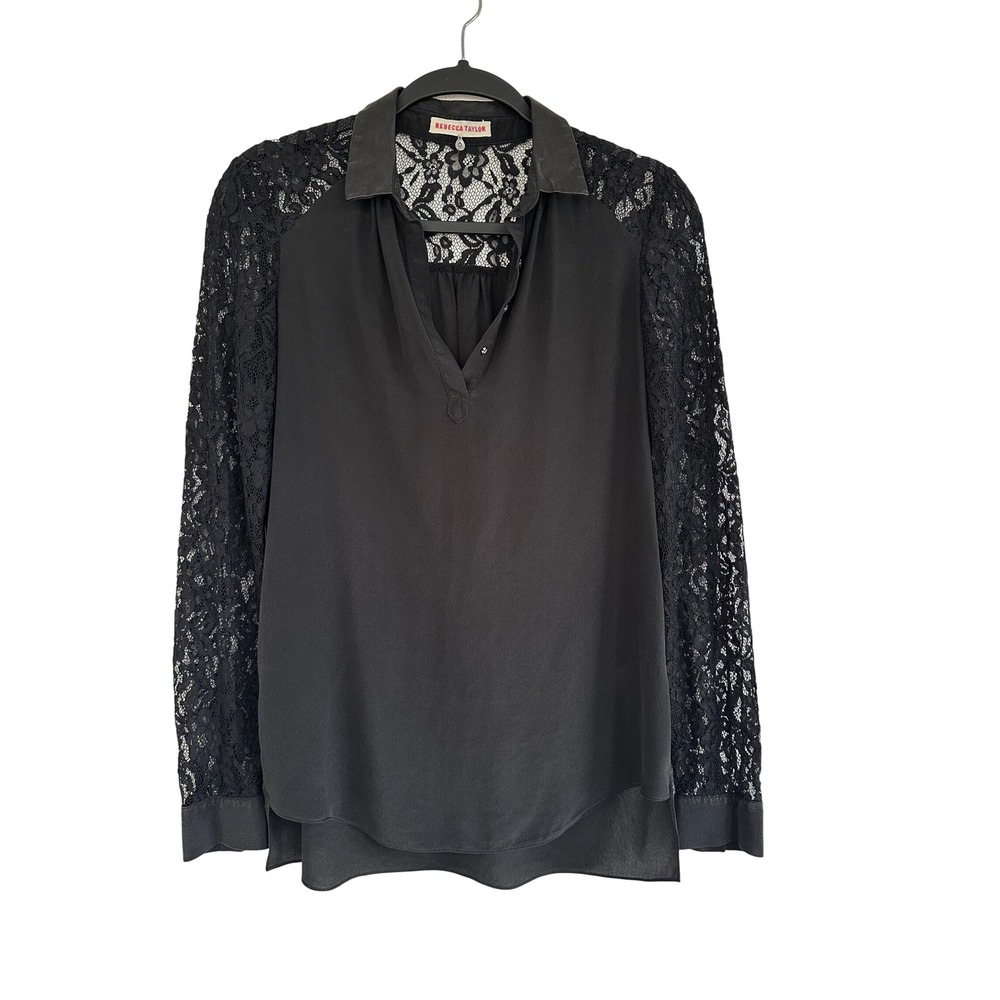 Rebecca Taylor Black Silk Lace Sleeve Blouse Leather Collar Size 0